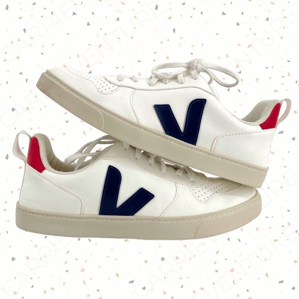 Veja KIDS V-10 White Blue Red Coated Organic Cotton Vegan Faux Leather Sneakers